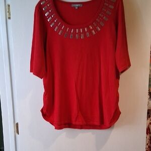 NY Collection Scarlet Short Sleeve Tee with Studded Neckline